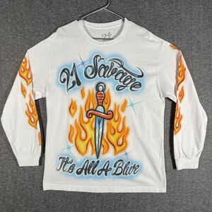 21 Savage Shirt Mens Large White Long Sleeve It's All A Blur Dagger Flames Tee